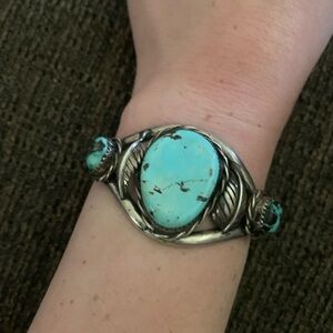 Turquoise Stone Silver Cuff Bracelet - Blue Turquoise